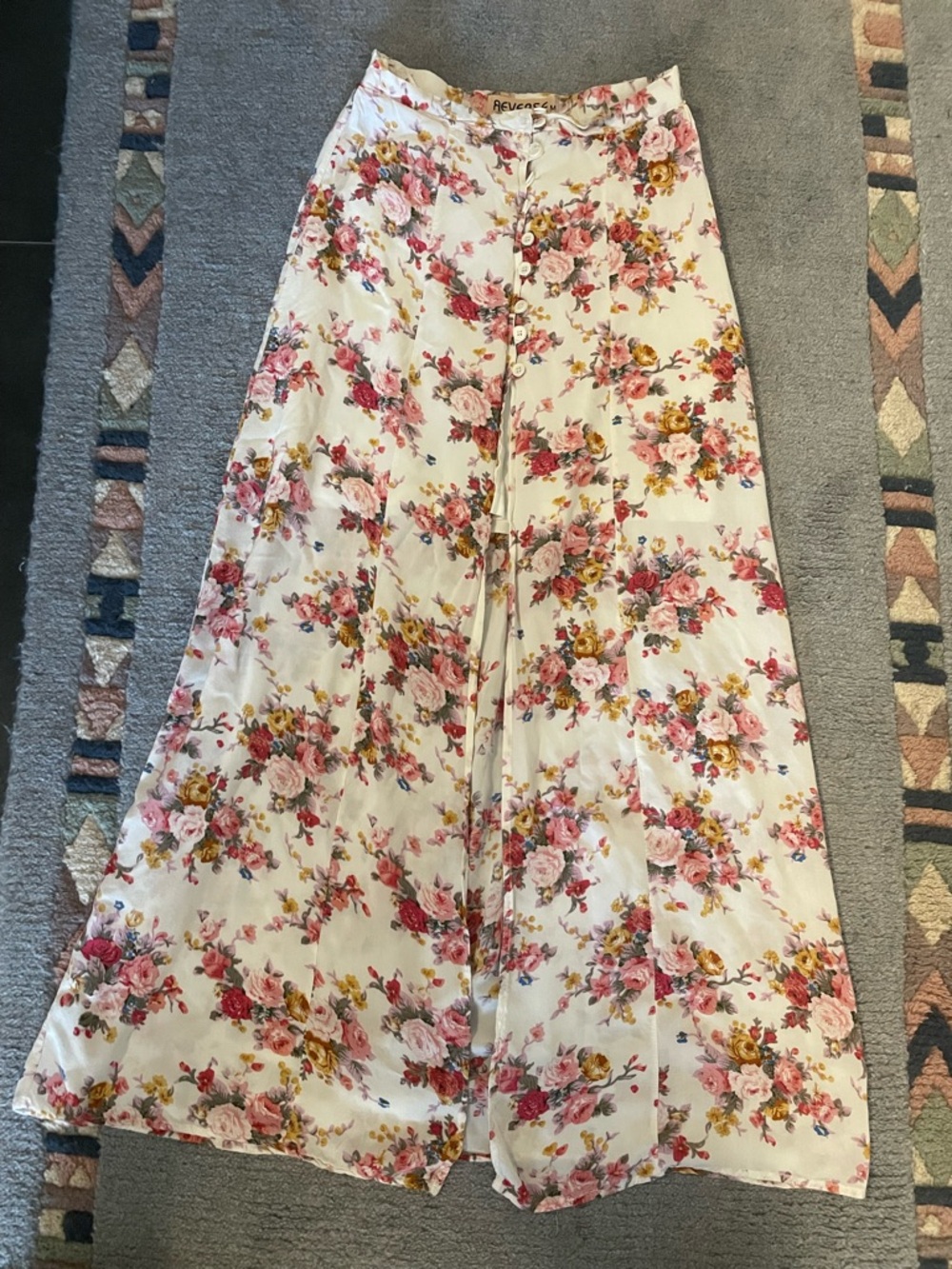 Reverse Cream Floral Button-Front Maxi Skirt with Pink & Yellow Blooms